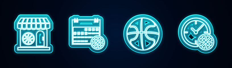 Set line Sports shop and basketball, Basketball on sport calendar, and Clock with. Glowing neon icon. Vector