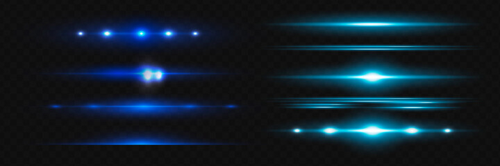 Blue horizontal lens flares pack. Laser beams, horizontal light rays. Beautiful light flares.