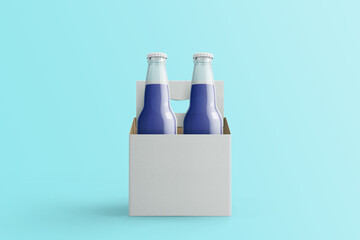 Two assorted soda bottles, non-alcoholic drinks with white paper box isolated on toscha background.3d rendering. fit for your design project.