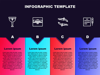 Set line Wooden pirate leg, Antique treasure chest, Vintage pistols and Feather pen and scroll. Business infographic template. Vector