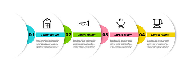 Set line Farm House, Musical instrument trumpet, Barbecue grill and Wooden barrel on rack. Business infographic template. Vector