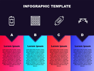 Set line Beer can, Checkered napkin, Salami sausage and Picnic table with benches. Business infographic template. Vector