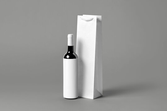 Blank tall white wine bottle bag mockup set, isolated, 3d rendering. Empty carry handbag for wine or vodka mock up. Clear paper packaging fit for store branding.