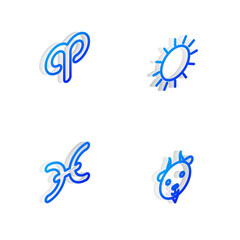 Set Isometric line Sun, Aries zodiac, Pisces and icon. Vector