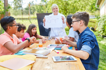 Group of children learn in the multicultural holiday course