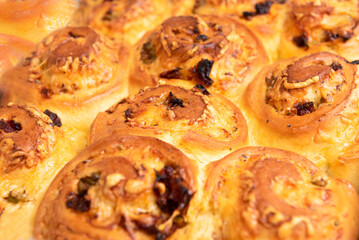 Sweet norwegian swirls cinnamon rolls, close up photo