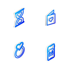 Set Isometric line Valentines day flyer with heart, Heart the center hourglass, Wedding rings and Mobile icon. Vector