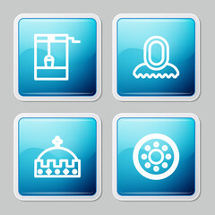 Set line Well with bucket, Medieval hood, King crown and Round wooden shield icon. Vector