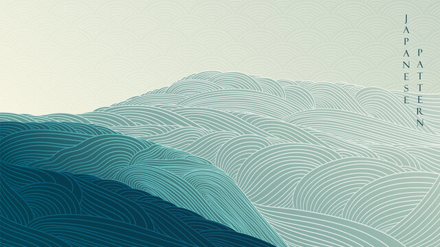 Abstract landscape background with Japanese wave pattern vector. Mountain forest texture banner with line art in vintage style.