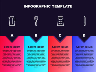 Set line Kettle with handle, Spatula, Grater and Knife. Business infographic template. Vector