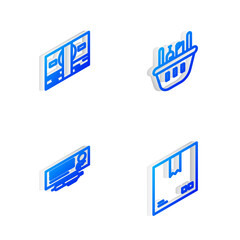 Set Isometric line Shopping basket and food, Stacks paper money cash, Bank check pen and Cardboard box with traffic symbol icon. Vector
