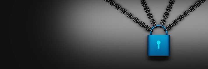 Wide banner with hanging on chains blue metallic lock on black background