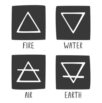 Four elements symbol set. Alchemy pictographs of Air, Fire, Water and Earth isolated on transparent background. Minimalistic caption icons. Vector shabby hand drawn illustration