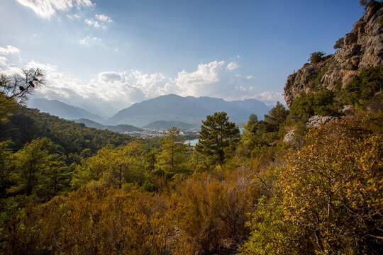 Mountain path between Kemer and Kirish. Top view from the mountain to the sea. Mountain landscape. Mountain nature. A walk in the mountain forest. Trees in the mountains.