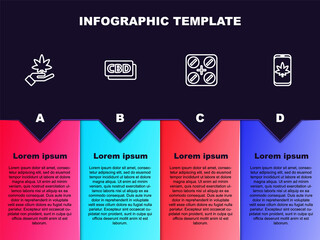Set line Marijuana or cannabis leaf, Cannabis molecule, Medical pills with marijuana and Mobile and. Business infographic template. Vector