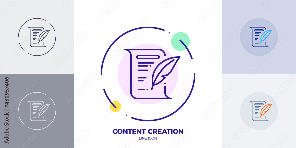Poster content creation line art vector icon. outline symbol of content write by feather. patent creation m