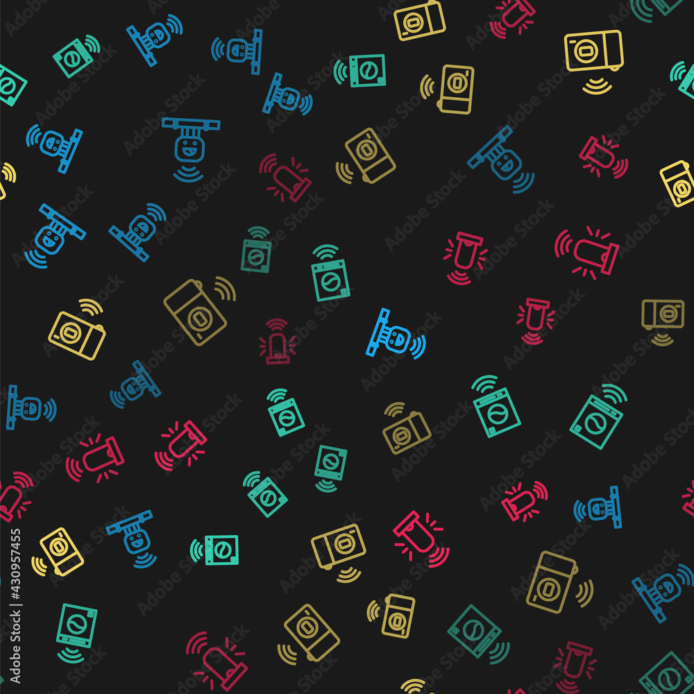 Poster set line smart sensor, washer, photo camera and flasher siren on seamless pattern. vector