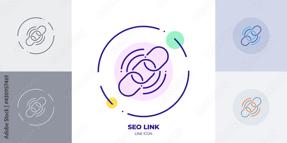 Poster seo link management line art vector icon. outline symbol of web site link. seo optimization link mad
