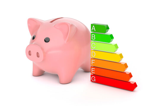 Piggy Bank and Energy Efficiency Rating. Colored arrows graph. isolated on white background. 3d render