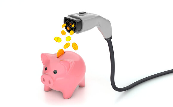 Coins fall into the piggy bank from the plug for charging electric car. Economy fuel concept. isolated on white background. 3d render