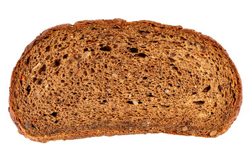 Slice of brown rye cereal bread isolated on white background, bread texture, bakery food product