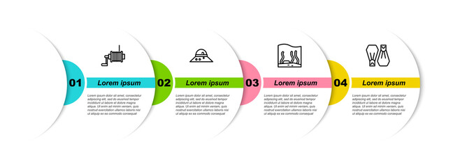 Set line Spinning reel for fishing, Fisherman hat, Aquarium and Rubber flippers swimming. Business infographic template. Vector © vector_v