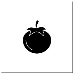 Tomato glyph icon. Edible vegetable. Consumed in diverse ways, raw or cooked, in many dishes, sauces, salads, and drinks. Agriculture concept.Filled flat sign. Isolated silhouette vector illustration