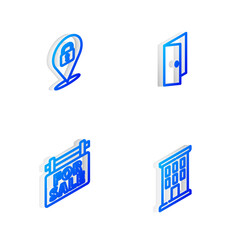 Set Isometric line Closed door, Location lock, Hanging sign with For Sale and House icon. Vector