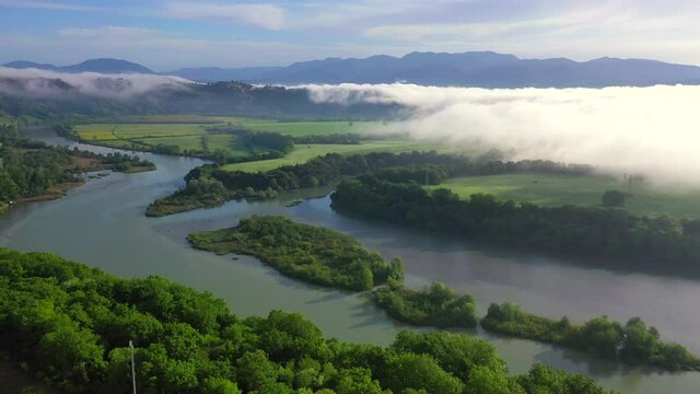 Tevere Farfa Nature Reserve, Nazzano, Lazio, Italy.
The river valley of the Tiber north of Rome. Aerial view with drone in 4K