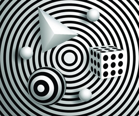 Abstract 3d effect background. Patterned objects on striped background. Volume black and white objects in space. Art geometric shapes