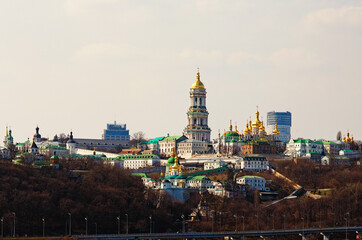 Picturesque view of famous Kyiv's hills against sky. Scenic landscape of ancient Kyiv Pechersk Lavra. It is a historic Orthodox Christian monastery. Kyiv, Ukraine