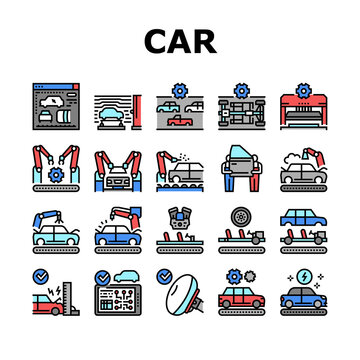 Car Factory Production Collection Icons Set Vector. Car Factory Equipment And Conveyor For Welding Parts And Installing Details, Crash And Airbag Test Concept Linear Pictograms. Contour Illustrations