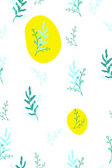 Seamless pattern with spring branches and leaves of blue and turquoise flowers on a white background with scattered bright yellow abstract spots. Freehand drawing for printing on textiles, stationery.
