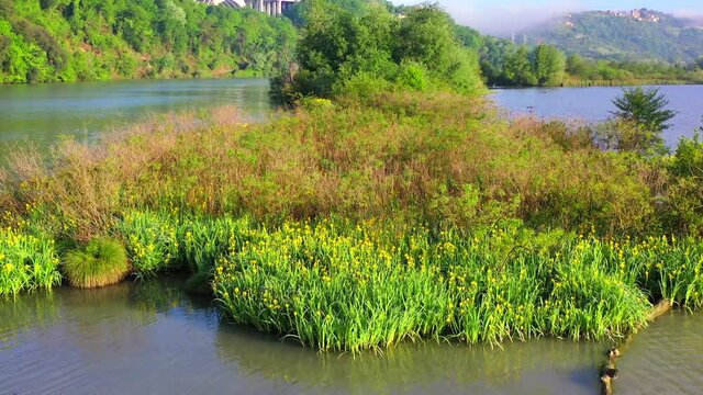 Tevere Farfa Nature Reserve, Nazzano, Lazio, Italy.
The river valley of the Tiber north of Rome. Aerial view with drone in 4K