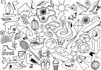 Big set of summer beach cute doodle hand drawn vector illustrations isolated on white background. swimming, diving, seagull, dolphin, sand castle, fruit, ice cream, swimsuit, flippers, picnic, camera