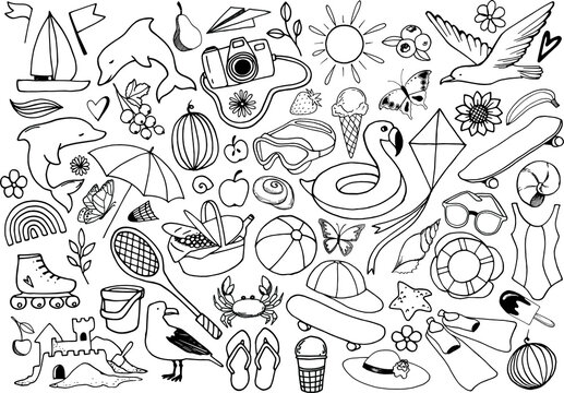 Big set of summer beach cute doodle hand drawn vector illustrations isolated on white background. swimming, diving, seagull, dolphin, sand castle, fruit, ice cream, swimsuit, flippers, picnic, camera