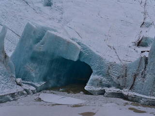 Closeup view of the break-off edge of Svínafellsjökull, an outlet glacier of Vatnajökull in...