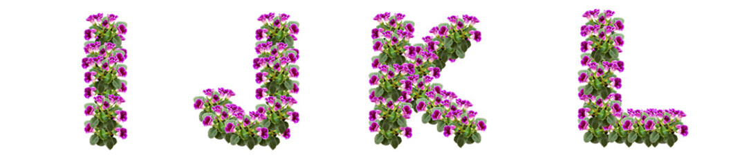 The letters I, J, K, L are made of purple flowers and leaves