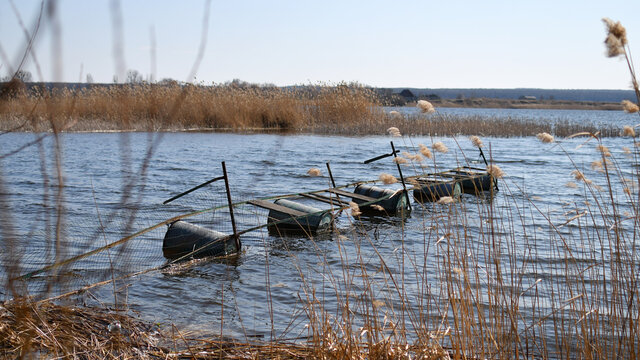 Metal Boxes Trap On The Lake For Catching Crayfish And Crabs. Selective Focus.