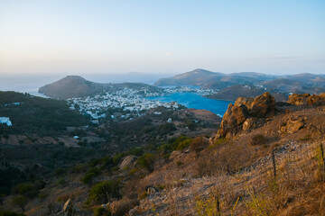 Fototapeta na wymiar Panoramic view to Skala village. Patmos island. Greece.