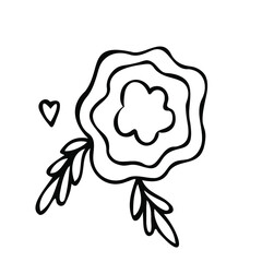 Fototapeta premium Cute flower doodle in hand drawn simple style. Floral vector of childish drawing flower and leaves elements for design isolated on white background. Black ink line art