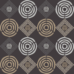 Shapes made of curved stripes. Mosaic with geometric shapes. Seamless pattern. Design with manual hatching. Textile. Ethnic boho ornament. Vector illustration for web design or print. - 430961220