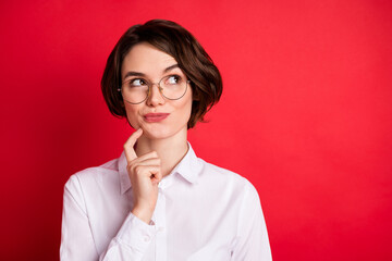 Photo portrait of curious business woman wearing spectacles formal wear smiling looking copyspace...