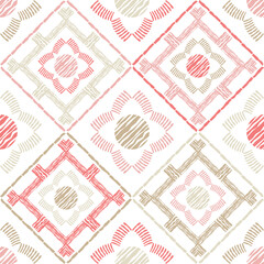 Shapes made of curved stripes. Mosaic with geometric shapes. Seamless pattern. Design with manual hatching. Textile. Ethnic boho ornament. Vector illustration for web design or print.