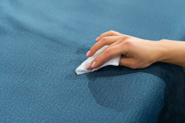 Woman cleaning a blue sofa with white cloth. Sofa cleaning.