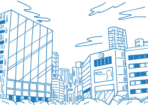 シンンプルな手描きの繁華街ビルの線画背景イラスト