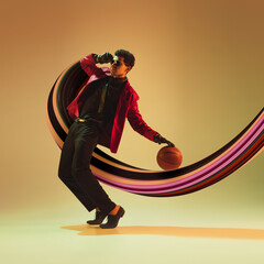 Beautiful basketball player with long fluid flood on gradient background. Negative space to insert your text. Modern design. Contemporary colorful and conceptual bright art collage.
