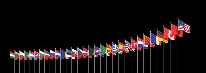 The 30 waving Flags of NATO Countries - North Atlantic Treaty. Isolated on black background  - 3D illustration.;