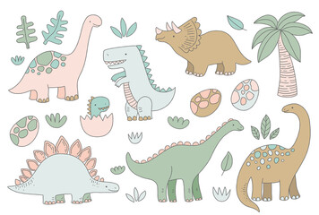 Cute dinosaurs. Set of vector illustrations with cartoon dinosaurs, plants, eggs, palm. Posters, invitations, nursery decor, children apparel.