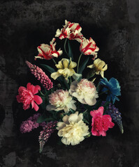 Colorful flowers on a black background in the style of a classic floral still life. Digital art.
